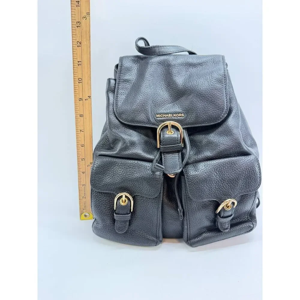 Michael Kors Black Pebbled Leather Backpack Drawstring Flap Pocket Bag Women
